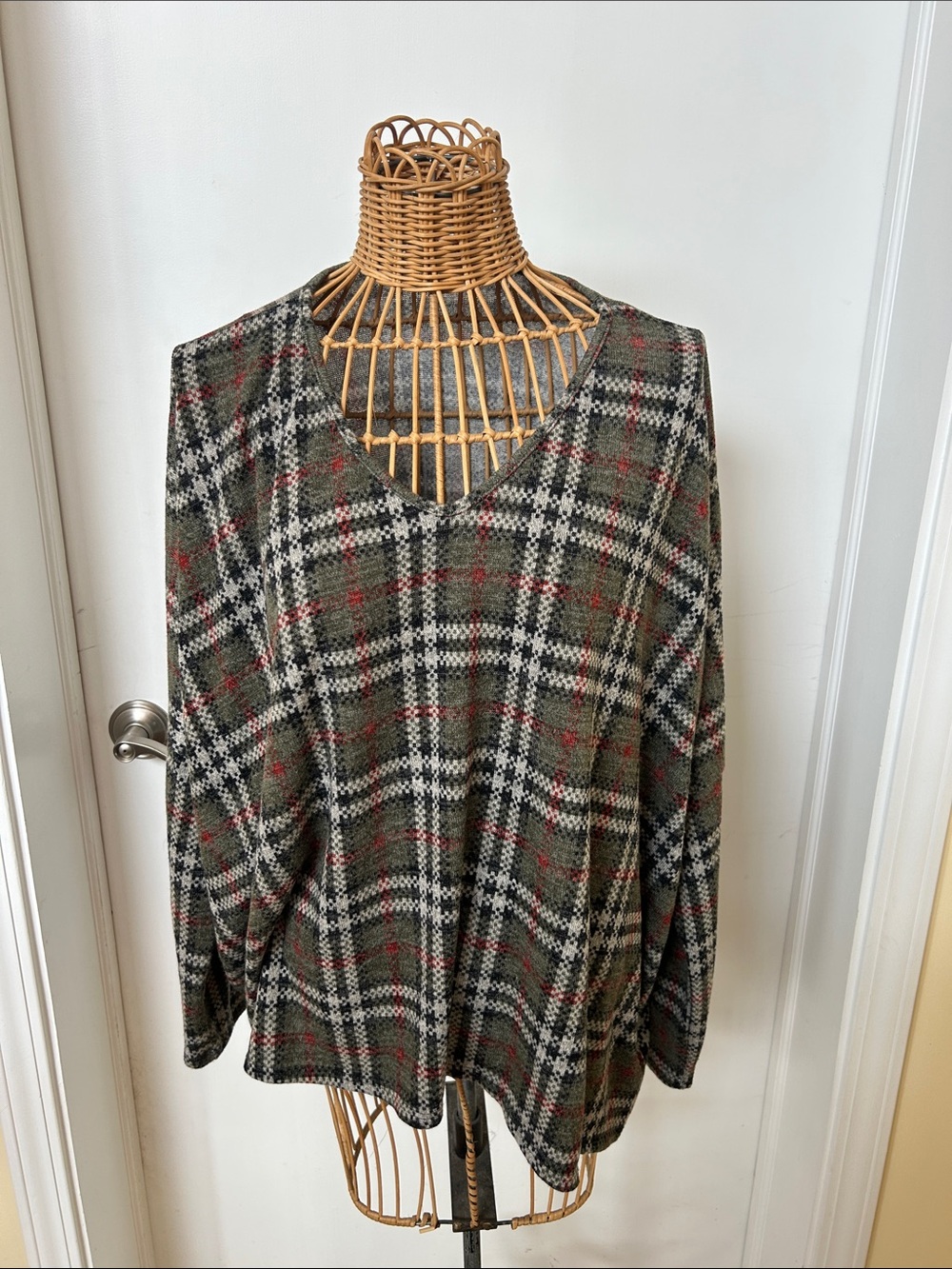 Plaid V-Neck Sweater in Olive Green